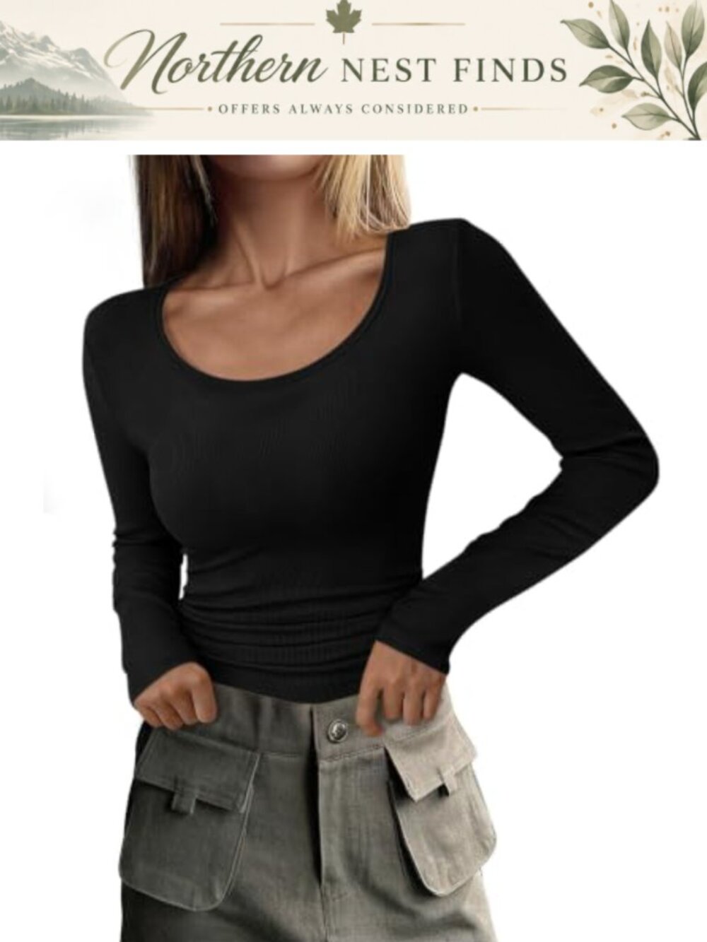 Ribbed Knit Slim Fit Scoop Neck Long Sleeve Tee Casual Basic Top